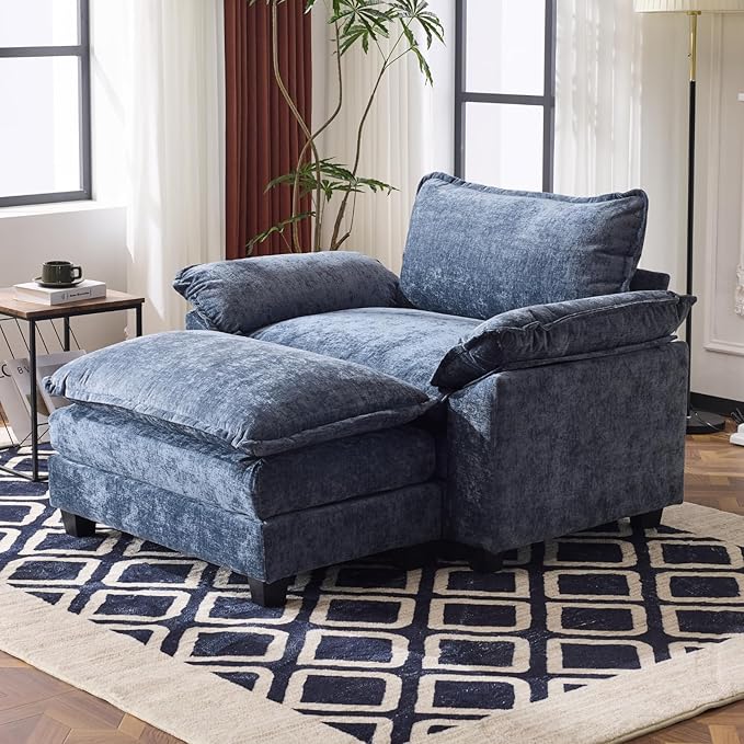Karl home Oversized Accent Chair Chenille Sofa with Chaise, Modern Sofa Chair with Removable Ottoman Modular 1-Seater Couch and 2-Layer Ottoman for Living Room, Apartment, Studio, Dusty-Blue-Ruum Studio Home