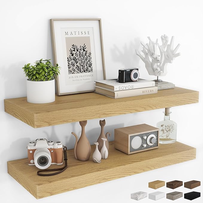 RICHFOCUS 36Inch Floating Shelves for Wall 2 Pack Shelves for Bedroom|Kitchen|Bathroom Wall Mounted Rustic Wood Floating Shelf with Invisible Brackets for Books|Storage|Decor, Oak-Ruum Studio Home