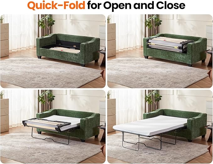 CHIC HOUSE Pull Out Sofa Bed, Full Size Sleeper Sofa, 2-in-1 Convertible Chenille Couch with USB Charging, Memory Form Couch for Living Room, Apartment & Small Space (Green, Chenille - Full)-Ruum Studio Home
