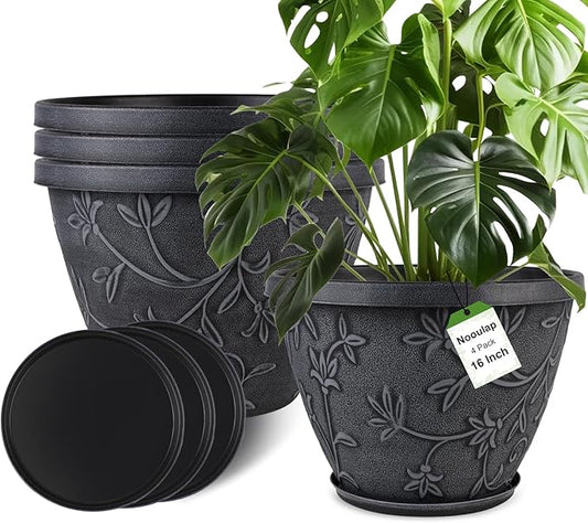 4 Pack 16 Inch Large Plant Pot for Outdoor, Plastic Flower Pot Indoor with Drainage Hole & Saucer, Modern Decorative Garden Pot, Imitation Magnolia Garden Pots for House Planters（Gray）-Ruum Studio Home