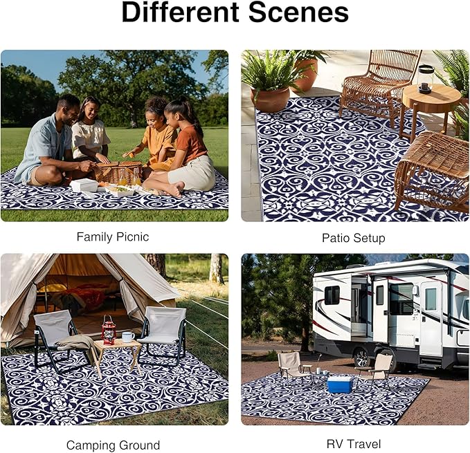 OLANLY Outdoor Rug Waterproof 9x12 ft Clearance, Reversible Outdoor Plastic Straw Rug with Floral Pattern, RV Mat for Patio, Camping, Balcony, Deck, Backyard, Navy & White-Ruum Studio Home