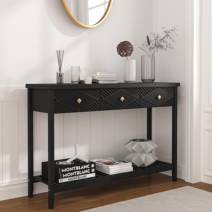 47" Console Table with 3 Drawers, Fluted Narrow Long Entryway Table with Storage Shelf, Accent Table for Entryway, Living Room, Behind Couch, Foyer, Hallway, Office-Ruum Studio Home