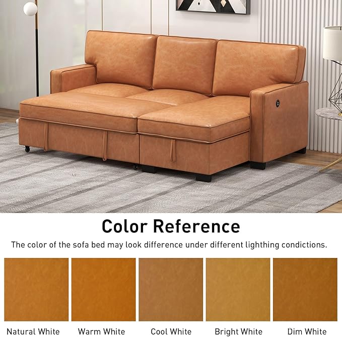 EBELLO Convertible Sleeper Sofa 3 in 1, Faux Leather Modern L-Shaped Couches for Living Room, Pull Out Sectional Futon Sofa Bed with Storage Space, USB Ports and Cup Holders for Bedroom, Brown-Ruum Studio Home