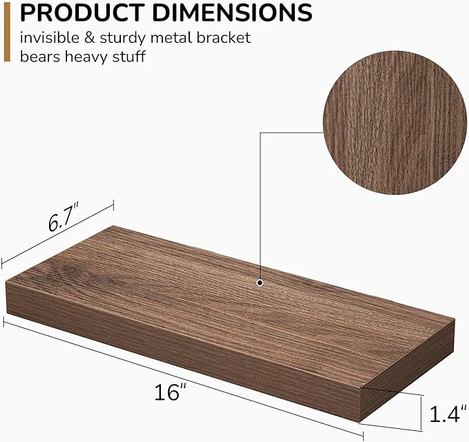 Fun Memories Floating Shelves - 16 Inch Wall Shelf for Decor & Storage - Wall Mounted Display Shelving with Invisible Heavy-Duty Metal Bracket 2Pack, Walnut-Ruum Studio Home