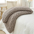 Bigacogo Chunky Knit Throw Blanket for Couch, 40x60 inches, 100% Hand Knitted with Thick Jumbo Chenille Yarn, Cozy Soft Large Rope Knot Cable Crochet Blankets for Sofa Bed Living Room, Taupe-Ruum Studio Home