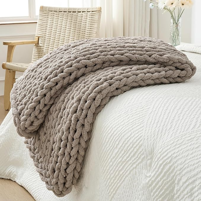 Bigacogo Chunky Knit Throw Blanket for Couch, 40x60 inches, 100% Hand Knitted with Thick Jumbo Chenille Yarn, Cozy Soft Large Rope Knot Cable Crochet Blankets for Sofa Bed Living Room, Taupe-Ruum Studio Home