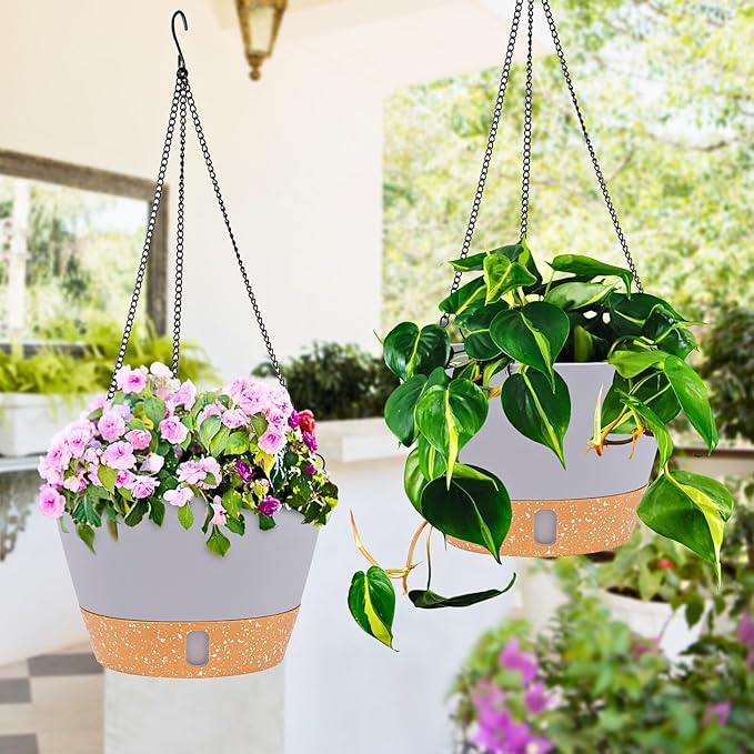 QCQHDU 2 Pack Hanging Planters for Indoor Outdoor Plants, 10 Inch Hanging Baskets Flower Pots with Reservoir Tray & Visible Water-Level-Ruum Studio Home
