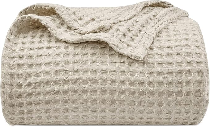 PHF Ultra Soft Waffle Weave Blanket Queen Size 90"x 90"- Washed Lightweight Breathable Cozy Woven Blanket for Bed - Aesthetic Decor for Couch Bedding Sofa Home Car - Light Khaki/Linen-Ruum Studio Home