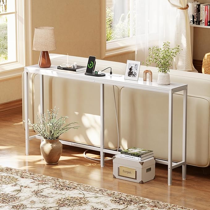 SUPERJARE Console Table with Outlet, 63 Inch Sofa Table with Charging Station, Narrow Entryway Table, Skinny Hallway Table, Behind Couch Table, for Living Room, Plants, White-Ruum Studio Home