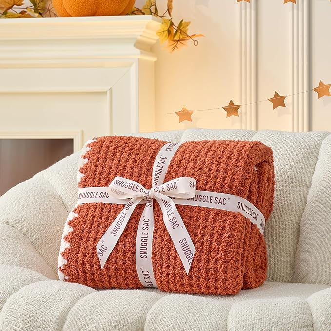 Snuggle Sac Orange Waffle Throw Blanket for Couch Bed Sofa 50x60 inches, Reversible Blanket Microfiber Fluffy Fuzzy Cozy Knit Soft Throws for Women Mothers Birthday Gifts-Ruum Studio Home