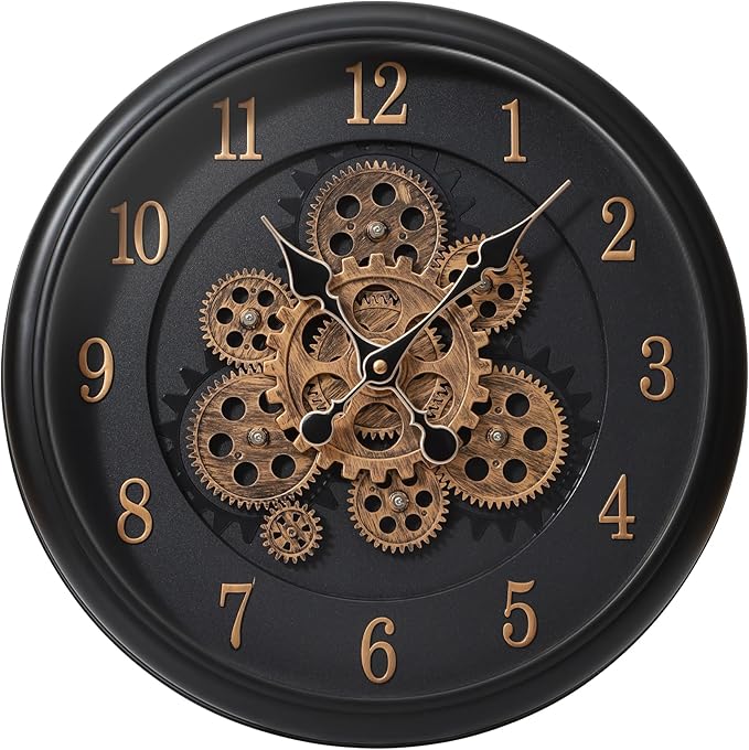 Maxstar Large Moving Gear Wall Clock,16" Vintage Mechanical Battery Operated Industrial Wall Clocks for Farmhouse Living Room,Home Office, Dinning Room, Kitchen, Steampunk Decor-Black,Arab Numeral-Ruum Studio Home