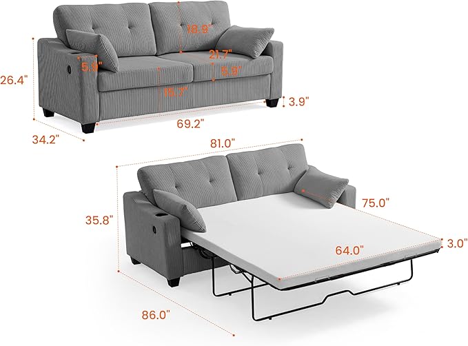 CHIC HOUSE Pull Out Sofa Bed, Full Size Sleeper Sofa, 2-in-1 Convertible Corduroy Couch with USB Charging, Memory Form Couch for Living Room, Apartment and Small Space (Grey, Corduroy - Queen Size)-Ruum Studio Home