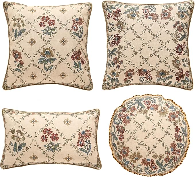 patdrea Designer Throw Pillow Covers Set of 4,Euro Vintage Light Brown Linen with Floral Collection Pattern Pillow Cover,Decorative Square Lumbar Round Pillowcases Cushion for Bed Living Room Car-Ruum Studio Home