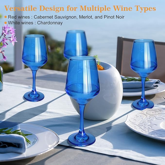 Blue Wine Glasses Set of 6-14oz Blue Long Stem Wine Glass, Pretty Crystal Glassware, Hand Blown Goblets Drinkware, Unique Stemware Wine Glass Holiday Gift Set-Ruum Studio Home