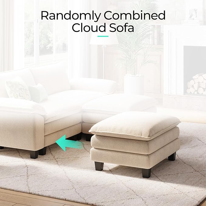 LINSY HOME Sectional Sleeper Sofa - 90'' Modular Cloud Couch Oversized Corduroy Sofa Bed with Movable Ottoman Soft Modern Comfy Couch Set for Living Room Apartment Office, Beige-Ruum Studio Home