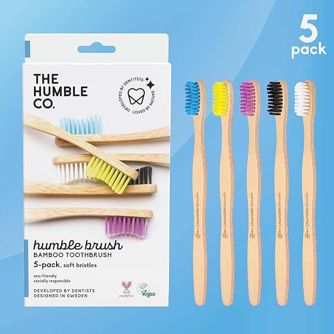 The Humble Co. Bamboo Toothbrushes (5pk) – Toothbrushes for Superior Oral Care, Dental Hygiene, and Gum Care, BPA Free (Soft Bristles)-Ruum Studio Home