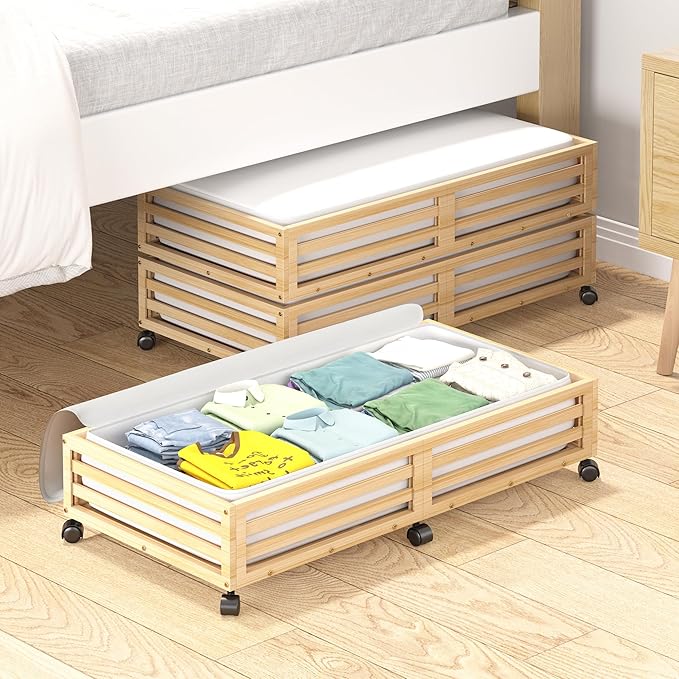 Bamboo Under Bed Storage Containers- Underbed Organizer with Wheels with Large Dust Bag,Sturdy Wood Rolling Under the Bed Shoe Storage Organizer Drawer 2 Packs (Nature, Long)-Ruum Studio Home