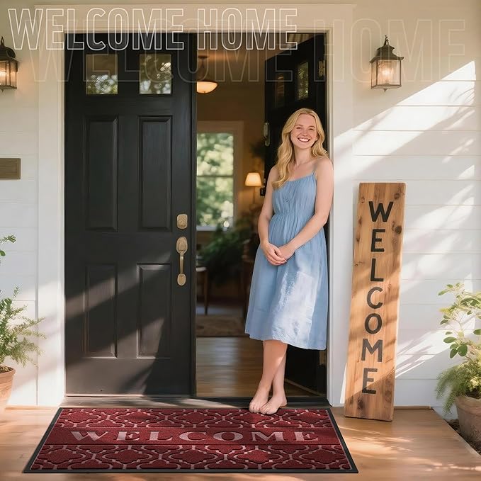 Yimobra Welcome Mat Outdoor Indoor, All-Season Waterproof Front Door Mat Outside Entrance, All-Weather Heavy Duty Non-Slip Doormat, Low Profile Porch Patio Entrance Mats, 60x36, Red-Ruum Studio Home