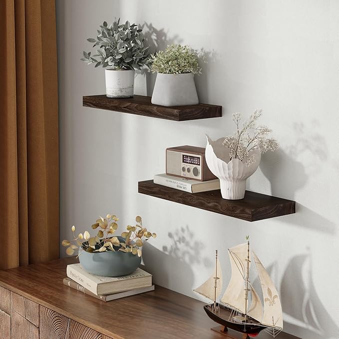 Wood Floating Shelves for Wall, 24" Floating Shelves Wall Mounted, Rustic Old Elm Wood Shelves for Home Decor, Heavy-Duty Storage Shelves for Books, Bathroom, Kitchen, Walnut Color, Set of 2-Ruum Studio Home