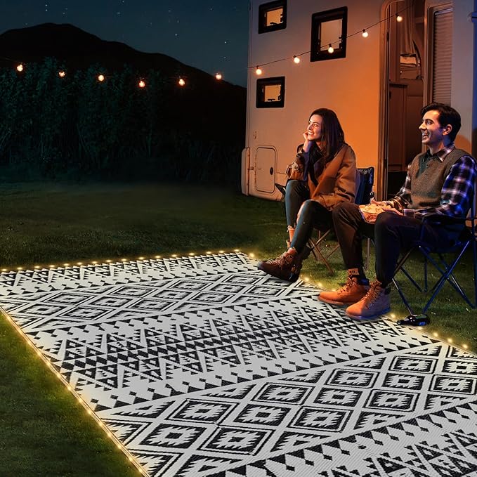 8x10ft Waterproof Outdoor Rug with LED Lights, Bohemia Reversible Plastic Straw Mat for Patio RV Camping Picnic Balcony Beach Deck Indoor Outdoor Carpet, Black&White-Ruum Studio Home