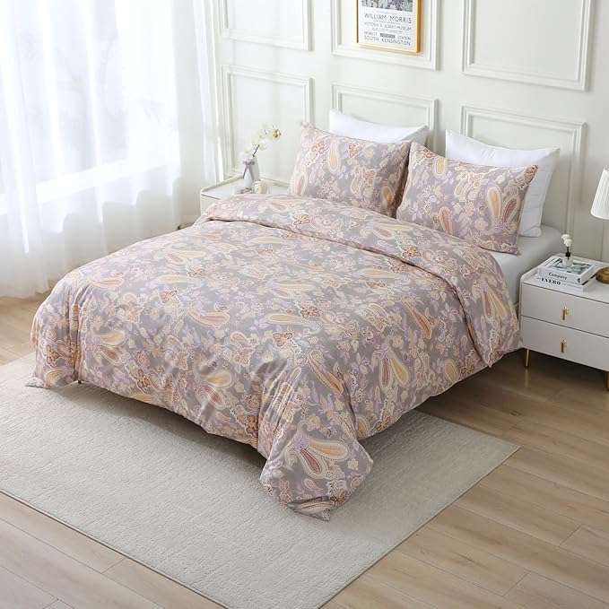 ABREEZE Paisley Bedding Sets 3Pcs Brushed Cotton Duvet Cover Set Queen Size Rustic Damask Gold Floral Comforter Cover with Zipper Closure Boho Bedding Collections-Ruum Studio Home