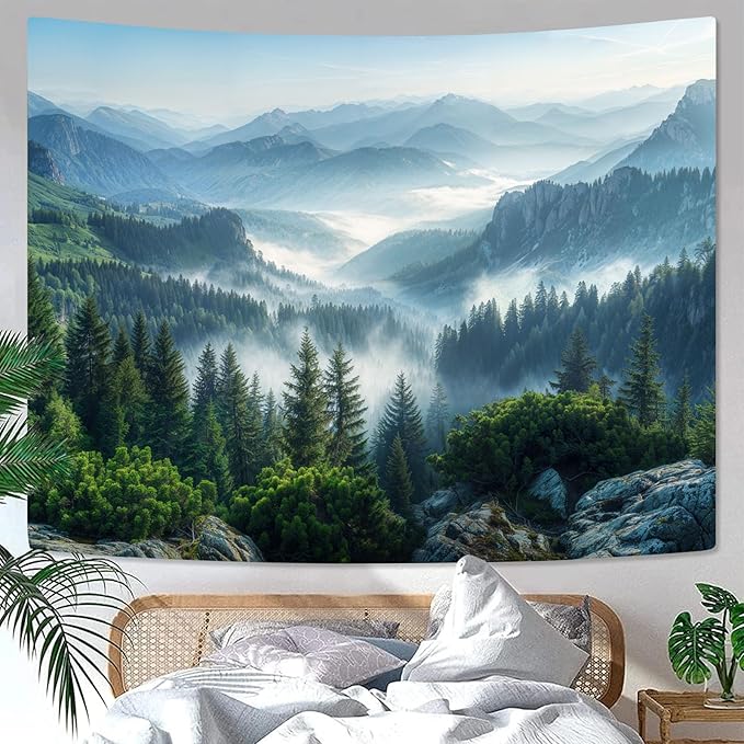 AMM Nature Forest Mountain Tapestry Green Misty Pine Tree Tapestry for Bedroom Aesthetic Foggy Woodlands Sky Landscape Tapestries Wall Hanging for Living Room Dorm 60 x 44 Inch-Ruum Studio Home