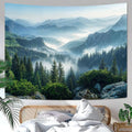 AMM Nature Forest Mountain Tapestry Green Misty Pine Tree Tapestry for Bedroom Aesthetic Foggy Woodlands Sky Landscape Tapestries Wall Hanging for Living Room Dorm 60 x 44 Inch-Ruum Studio Home
