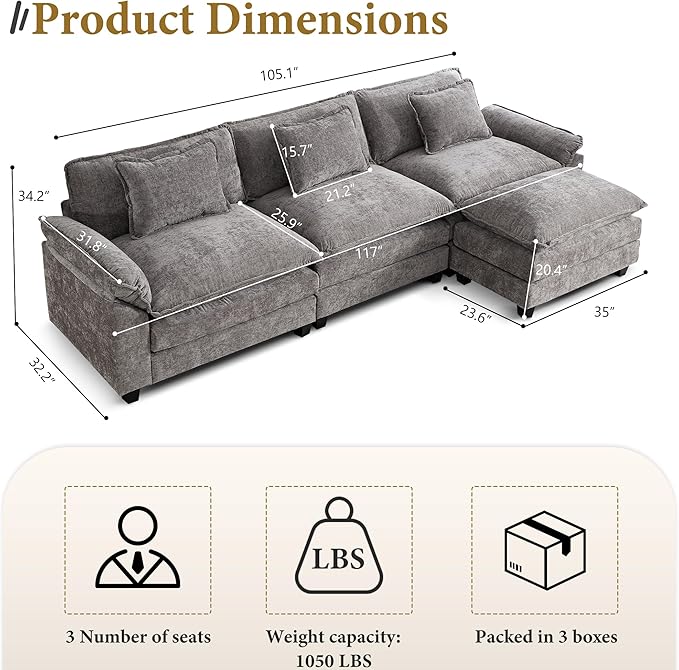 URRED Modular Sectional Sofa Comfy Cloud Couch, Modern Chenille Sofa Sleeper Deep Seat Couches with Ottoman/Pillows for Living Room (Gray, 117''- L Shape)-Ruum Studio Home