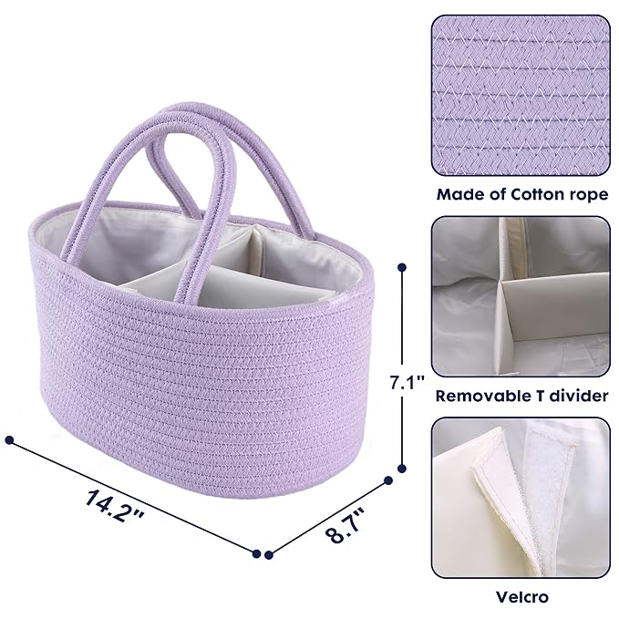 Baby Diaper Caddy Organizer Cotton Rope Nursery Storage Bin Basket Portable Holder Tote Bag for Changing Table Car Travel Baby Shower Gifts Newborn Essentials Registry Must Have Purple or Lavender-Ruum Studio Home