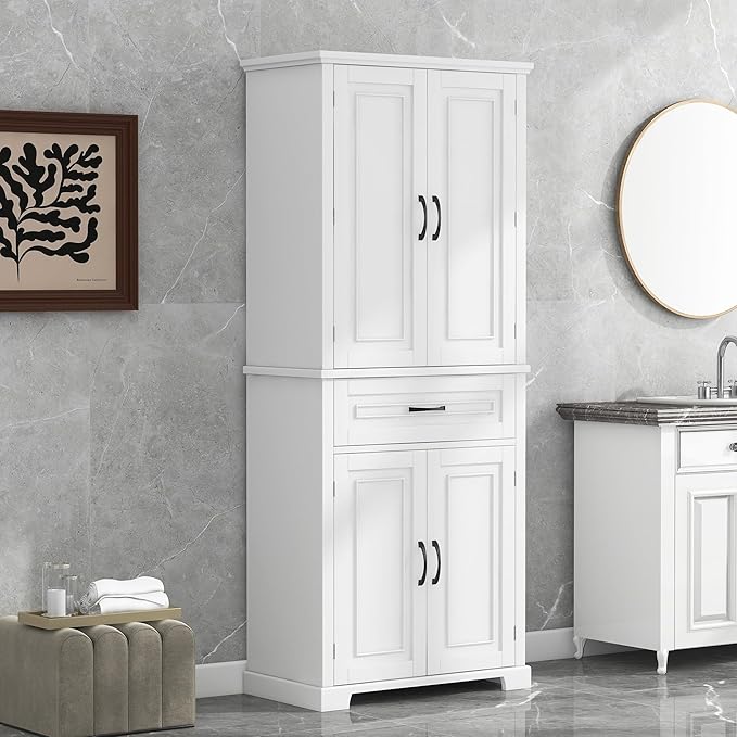 72.2" Tall Storage Cabinet with 4 Doors and Drawer, Freestanding Linen Cabinet, Wooden Pantry with Adjustable Shelf for Kitchen, Bathroom, Living Room White-Ruum Studio Home