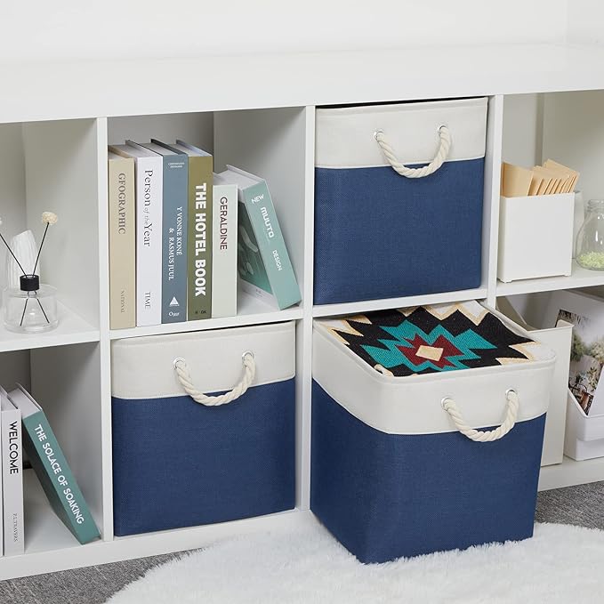 Bidtakay Storage Baskets Large Cube Storage Bins Fabric Baskets for Organizing Shelves 13x13 Navy Blue Square Storage Bins Large Set of 3 Linen Closet Organizers for Cabinet Home-Ruum Studio Home