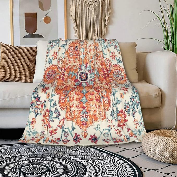 HGOD DESIGNS Carpet Pattern Throw Blanket Boho Style Ethnic Design Orange Blue Soft Blankets and Throws 50x60 Inch Caring for Women Men (130x150cm)-Ruum Studio Home