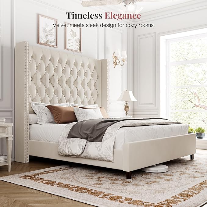 PaPaJet Queen Size Bed Frame with 61.4" Tall Headboard, Velvet Modern Upholstered Tufted Bed for Adults, Handmade Deep Button Tufting, Solid Wood Legs, No Box Spring Required, Cream-Ruum Studio Home