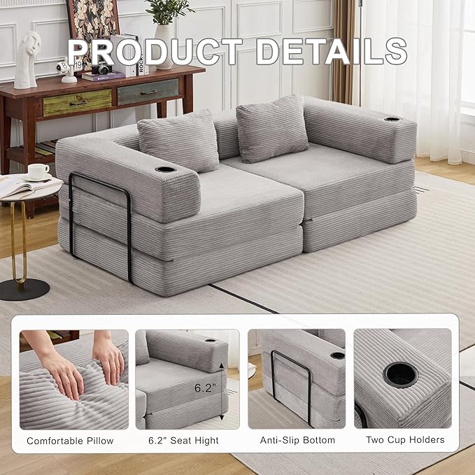 78" W Loveseat Sofa, 4 in 1 Convertible Floor Sofa Bed, Boneless Cloud Couch with Cup Holder, Fold Out Floor Couch, Loveseat Recliner Sleeper for Living Room Bedroom Lounge(Corduroy, White)-Ruum Studio Home