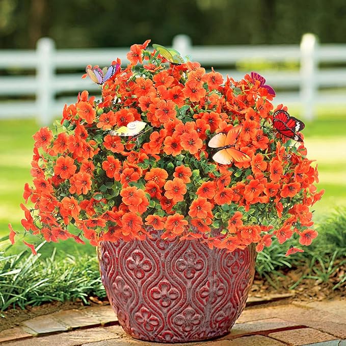 ‌20 Bundles Artificial Flowers for Outdoors‌ with 6 Faux Butterflies, UV Resistant ‌Fake Flowers‌ with Eucalyptus Leaves, ‌Artificial Plants Outdoor‌ for Patio Garden Porch Home Decor (Orange)-Ruum Studio Home