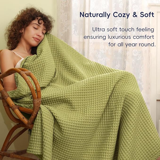 PHF Ultra Soft Waffle Weave Blanket King Size 104"x 90"- Washed Lightweight Breathable Cozy Woven Blanket for Bed - Aesthetic Decor for Couch Bedding Sofa Home Car - Olive Green-Ruum Studio Home
