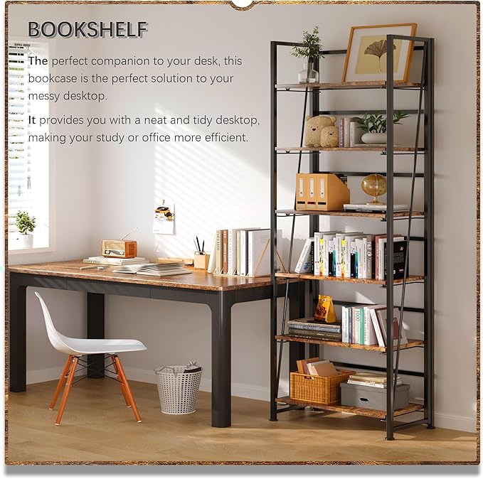 4NM No Assembly Foldable Bookshelf, 6-Shelf Collapsible Bookcase Storage for Small Spaces, 74" H, Rustic Brown and Black-Ruum Studio Home