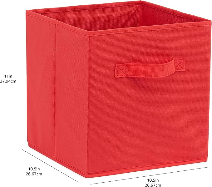 Amazon Basics Cube Organizer Storage Bins Handles, Collapsible Fabric, Pack of 6, 10.5"x10.5"x11", Red-Ruum Studio Home
