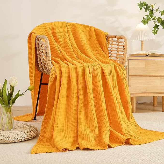 EMME Cotton Blanket Queen Size for Bed Soft Large Muslin Bed Blankets 90"x90" Lightweight Breathable All Season Gauze Blanket, Mustard Yellow-Ruum Studio Home