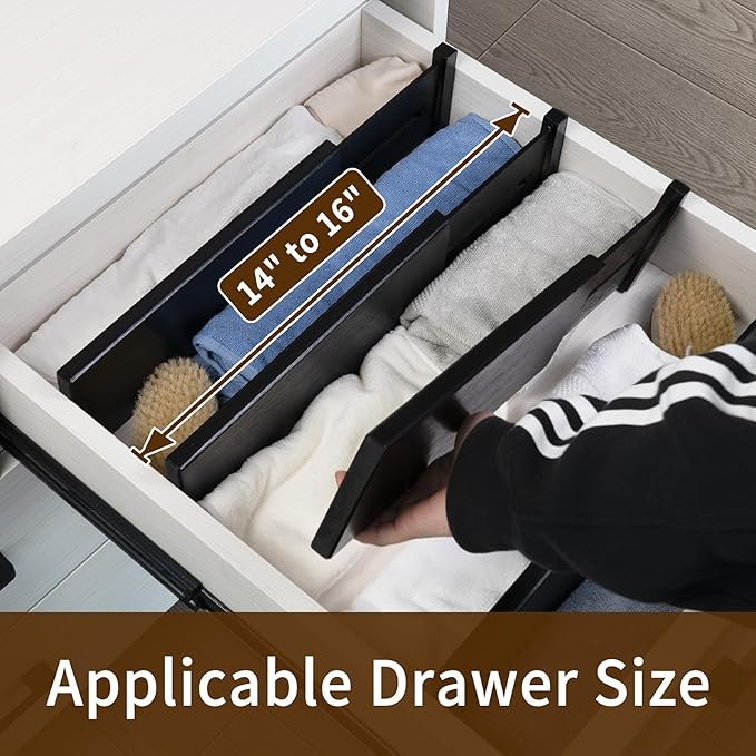 Utoplike Bamboo Dresser Drawer Dividers, 4'' High Adjustable Drawer Organizers for Clothing, Spring Loaded, Works in Kitchen, Bathroom, Bedroom, Drawer, Desk, 4 PCS, Black-Ruum Studio Home