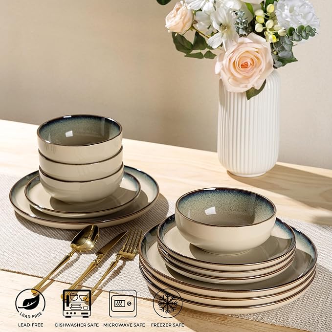 GBHOME Ceramic Dinnerware Sets for 4, 12 Pieces Stoneware Plates and Bowls Sets, Scratch Resistant Dishes, Dishwasher & Microwave Safe, Reactive Glaze-Gravel-Ruum Studio Home