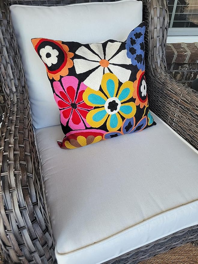 Modern Black Daisy Floral Pillow Cover Accent Flower Traditional Pillowcase Hand Embroidered Florals Couch Pillowsham Boho Outdoor Cushion Suzani Accent Pillow Wool 18x18 Inch-Ruum Studio Home