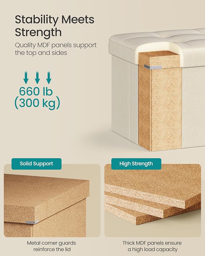SONGMICS MAZIE Collection - 43 Inches Folding Storage Ottoman Bench, Ottoman Foot Rest, End of Bed Bench, Storage Chest, Load 660 lb, for Living Room, Bedroom, Entryway, Cream White ULSF77BE-Ruum Studio Home