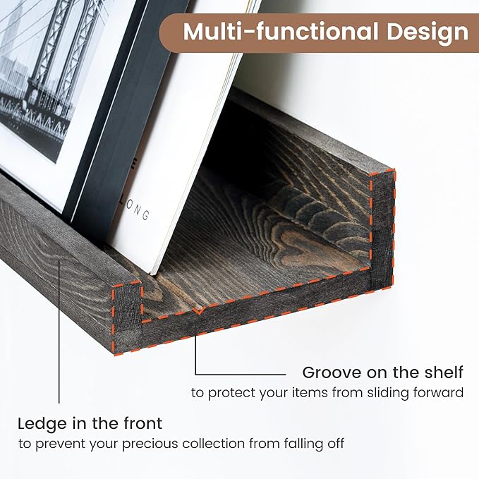 Picture Ledge Wall Shelves 56 Inches Width Set of 3, Solid Pine Wood Rustic Floating Ledge for Kids' Room Bedroom Kitchen Bathroom, Long Floating Shelves for Wall Decor, Grey-Ruum Studio Home