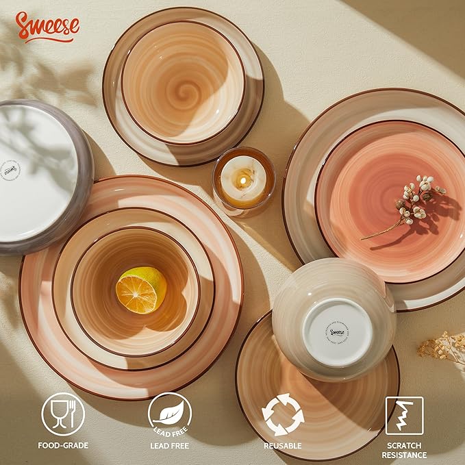 Sweese Plates and Bowls Sets, 18 Piece Dinnerware Set Porcelain Round Dinner Set for 6, Scratch Resistant Dishes Set, Dishwasher and Oven Microwave Safe Handpainted Swirl Dishware Sets, Neutral-Ruum Studio Home