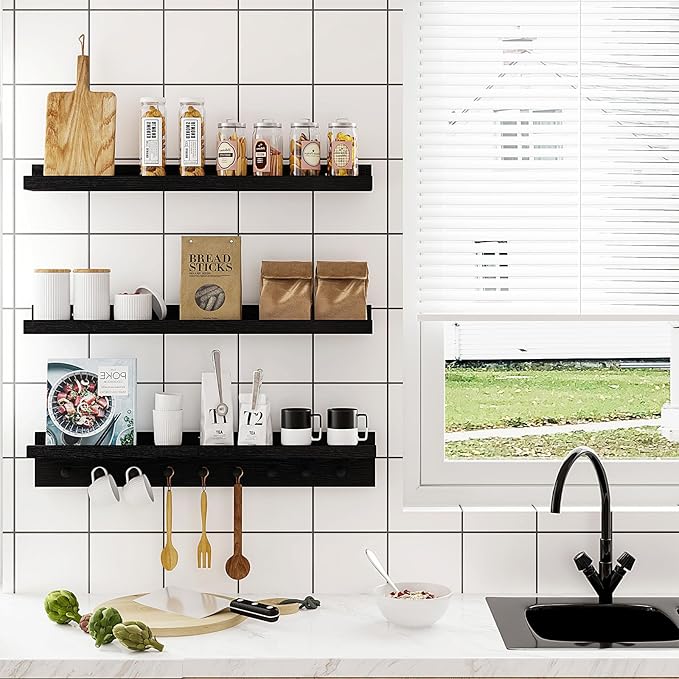 MBYD Black Picture Ledge Shelf with Hooks, 24 Inch Floating Book Shelves Kids Room, Wall Mounted Nursery Bookshelves, Hanging Bookshelf for Bedroom, Living Room, Kitchen, Bathroom Set of 3-Ruum Studio Home