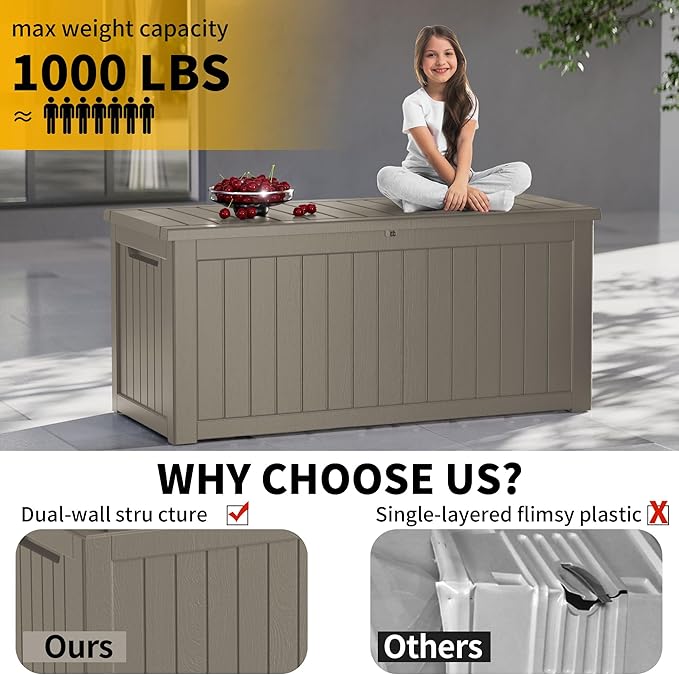 270 Gallon Outdoor Storage Box Patio Deck Box Waterproof, Resin Lockable Outside Large Storage Bin for Pool Cushion Furniture, Garden Tools UV-Resistant, Grey-Ruum Studio Home
