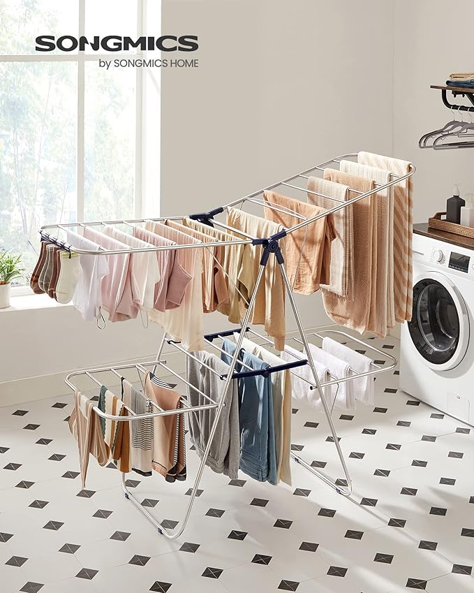 SONGMICS Clothes Drying Rack, Foldable 2-Level Laundry Drying Rack, Free-Standing Laundry Airer, with Height-Adjustable Wings, 33 Drying Rails, Sock Clips, Silver and Blue ULLR53BUV1-Ruum Studio Home