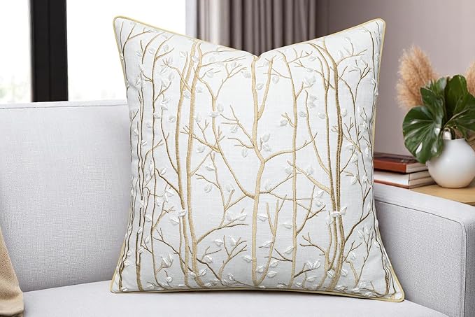 VAGMINE Embroidered Forest Throw Pillow Cover - 20x20 Inches Square - 100% Cotton Ivory Decorative Cushion Cover - Elegant Embroidery - Rustic Home Accent for Sofa, Bed, Couch, Farmhouse Décor-Ruum Studio Home