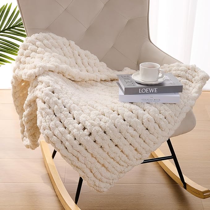 L'AGRATY Chunky Knit Blanket Throw: 30''x40'' Chenille Chunky Knitted Throw Blankets for Bed Couch - Handmade Thick Big Cable Knit Blankets - Large Crochet Rope Blanket for Home Decor(Ivory)-Ruum Studio Home